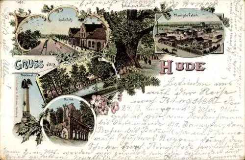 Litho Hude in Niedersachsen, Bahnhof, Amalien Eiche, Chemische Fabrik, Witzleben's Gutshof, Ruine