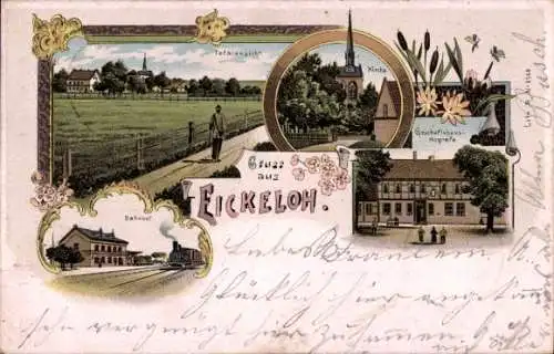 Litho Eickeloh im Heidekreis, Bahnhof, Geschäftshaus, Kirche