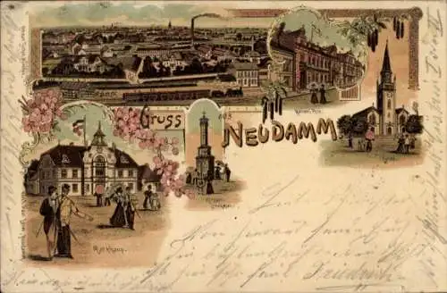 Litho Dębno Neudamm Neumark Ostbrandenburg, Panorama, Kirche, Post, Rathaus, Kriegerdenkmal