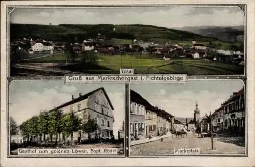 Ak Marktschorgast im Fichtelgebirge, Gesamtansicht, Marktplatz, Gasthof zum goldenen Löwen