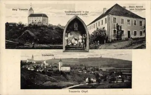 Ak Trausnitz in der Oberpfalz, Gesamtansicht, Burg, Schloss, Schulhaus, Versöhnungsbild