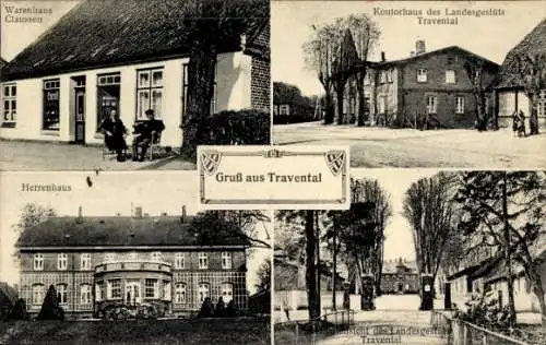 Ak Traventhal, Warenhaus Claussen, Herrenhaus, Kontorhaus des Landesgestüts