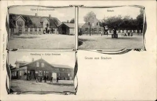 Ak Stadum in Nordfriesland, Schule, Geschäft von Lütje Petersen, Ehler's-Gastwirtschaft