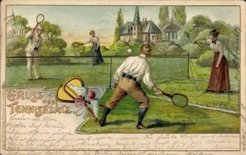 Litho Tennisplatz, Zwei Paare spielen Tennis