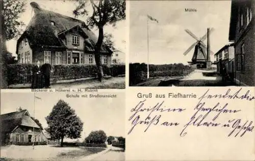 Ak Fiefharrie Negenharrie in Schleswig Holstein, Mühle, Bäckerei und Hökerei H. Rubink, Schule