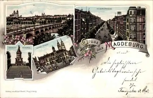 Litho Magdeburg in Sachsen Anhalt, Brücke, Kaiserstraße, Kriegerdenkmal, Markt