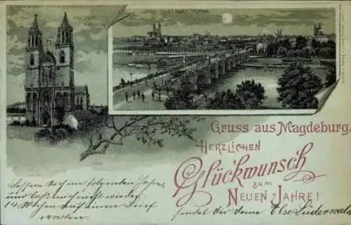 Mondschein Litho Magdeburg an der Elbe, Dom, Stadt bei Nacht