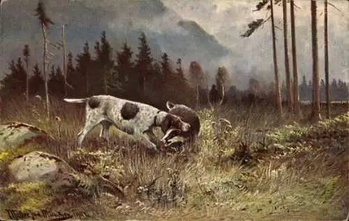 Künstler Ak Müller, Jagdhund mit Beute, Meles, Jagd