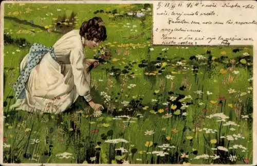 Künstler Litho Mailick, Frau pflückt Blumen, Blumenwiese