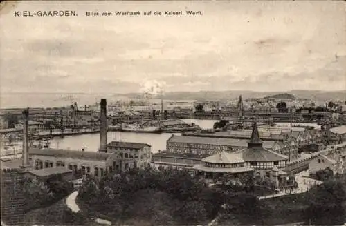 Ak Gaarden Kiel, Blick vom Werftpark auf die Kaiserliche Werft