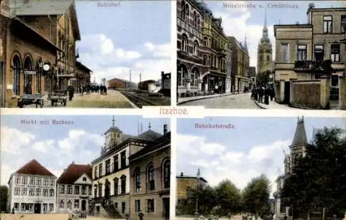 Ak Itzehoe in Holstein, Bahnhof, Rathaus, Markt, Kreditbank