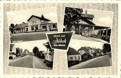 Ak Jübek in Schleswig Holstein, Café Jansen, Bahnhof, Straßenpartie