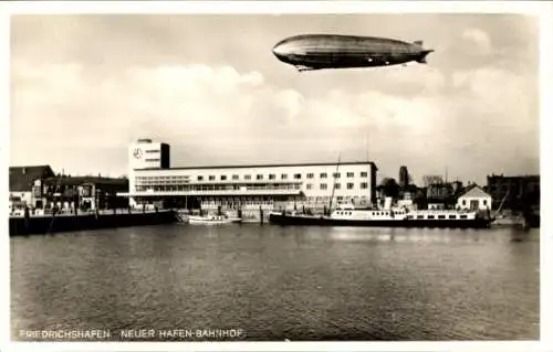 Ak Friedrichshafen, Blick auf Neuen Hafen, Bahnhof, Zeppelin, Schiff