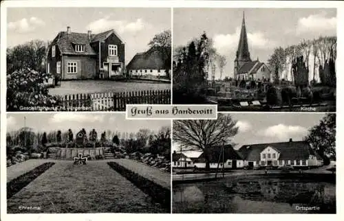 Ak Handewitt in Schleswig Holstein, Geschäftshaus Chr. Jürgensen, Ehrenmal, Ortspartie, Kirche