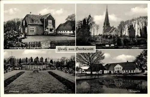 Ak Handewitt in Schleswig Holstein, Geschäftshaus Chr. Jürgensen, Ehrenmal, Ortspartie, Kirche