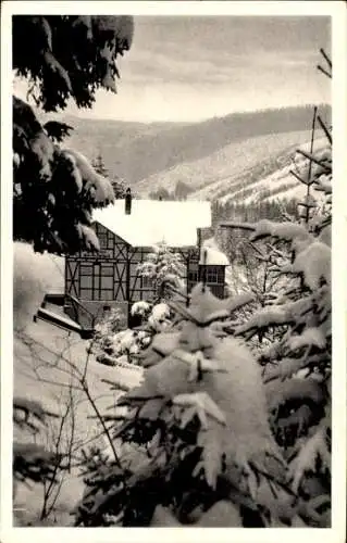 Ak Großbreitenbach in Thüringen, Gasthaus Bad Hundertpfund, Winter