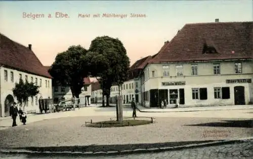 Ak Belgern in Sachsen, Markt mit Mühlberger Strasse