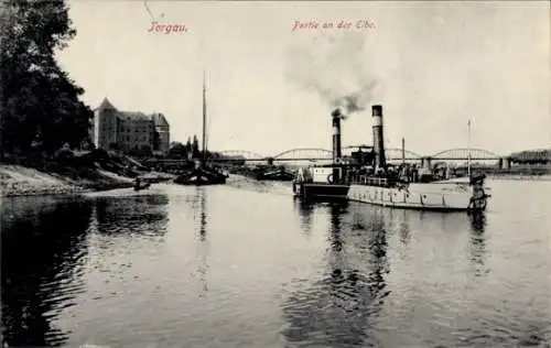 Ak Torgau an der Elbe, Dampfer in Fahrt, Brücke