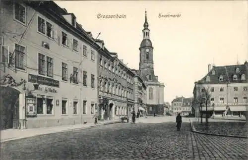 Ak Großenhain in Sachsen, Blick auf den Hauptmarkt mit Kirche, Hotel zur goldenen Kugel