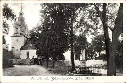 Ak Grosskmehlen im Schraden, Evang. Kirche, Denkmal