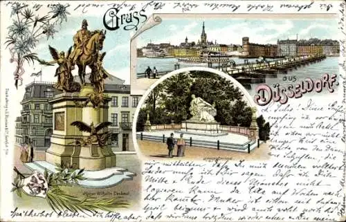 Litho Düsseldorf am Rhein, Kaiser Wilhelm Denkmal, Krieger Denkmal, Panorama