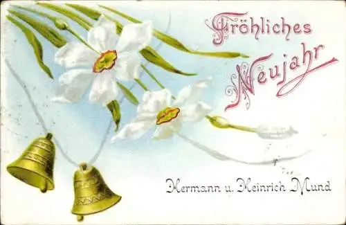 Ak Glückwunsch Neujahr, Glocken, Weiße Blumen