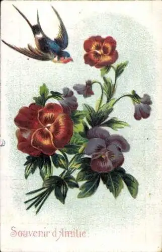 Präge Ak Schwalbe, Stiefmütterchen, Vogel, Souvenir