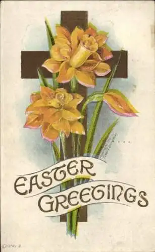 Präge Ak Glückwunsch Ostern, Orange Blumen, Kreuz