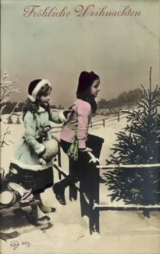 Ak Glückwunsch Weihnachten, Zwei Kinder, Schlitten, Nadelbaum