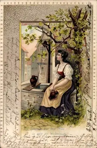 Präge Ak Am Brunnen vor dem Thore, da steht ein Lindenbaum, Frau mit Kannen