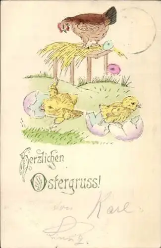 Ak Glückwunsch Ostern, Henne, Küken schlüpfen aus, Ostereier