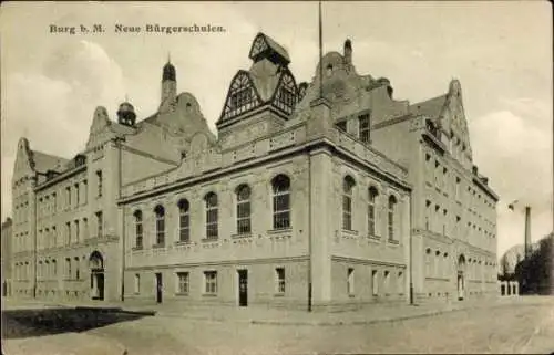 Ak Burg bei Magdeburg, Neue Bürgerschüle, Außenansicht von der Straße