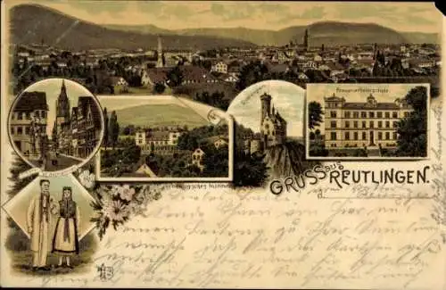 Litho Reutlingen in Württemberg, Panorama, Frauenarbeitsschule, Lichtenstein, Institut, Tracht