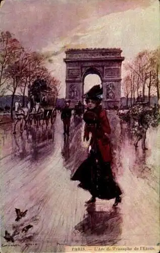 Künstler Ak Stein, Paris, L'Arc de Triomphe de l'Etoile, Frau, Kutsche