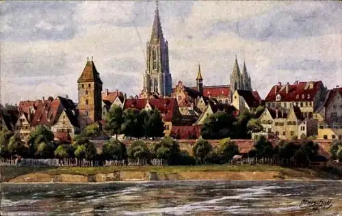 Künstler Ak Marschall, V., Ulm an der Donau, Blick auf die Stadt, Münster