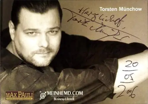 Ak Schauspieler Torsten Münchow, Portrait, Autogramm, Meinemd.com, Max Pauli Geschäftshaus