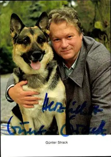 Ak Schauspieler Günter Strack mit Schäferhund, Portrait, Autogramm