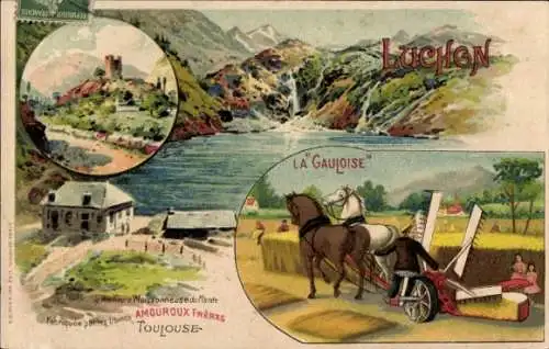 Litho Luchon Haute Garonne, Reklame, Moissonneuse La Gauloise, Usines Amouroux Freres