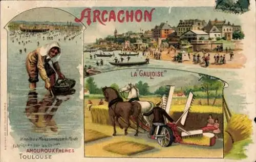 Litho Arcachon Gironde, Reklame, Moissonneuse La Gauloise, Usines Amouroux Freres, Toulouse