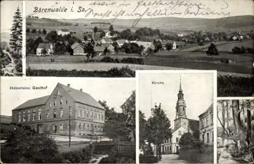 Ak Bärenwalde im Erzgebirge Sachsen, Kirche, Heberleins Gasthof, Totalansicht