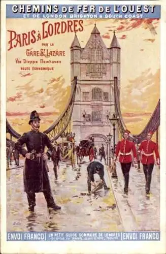 Künstler Ak Chemins de Fer de l'Ouest, Paris, London, Soldaten auf der Brücke