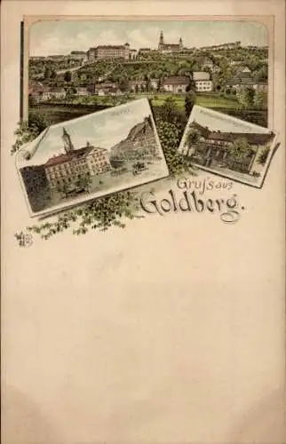 Litho Złotoryja Goldberg Schlesien, Gesamtansicht, Markt, Restauration Bürgerberg