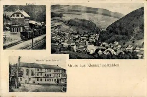 Ak Kleinschmalkalden Floh Seligenthal Thüringen, Gesamtansicht, Bahnhof, Gasthof zum Löwen