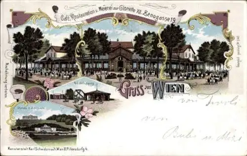 Litho Wien, Schönbrunn, Café, Restauration und Meierei zur Gloriette, Zenogasse 19, Volksbelustigung