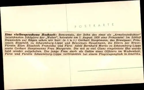 Ak Hochzeit, Prinzessin Elisabeth zu Schaumburg-Lippe, Benvenuto Hauptmann