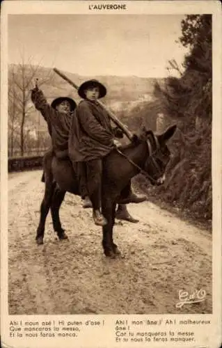 Ak Auvergne, Zwei Jungen auf Esel reitend