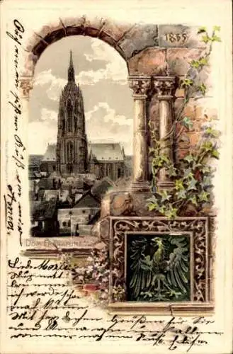 Präge Wappen Litho Frankfurt am Main, Blick zum Dom, Dächer