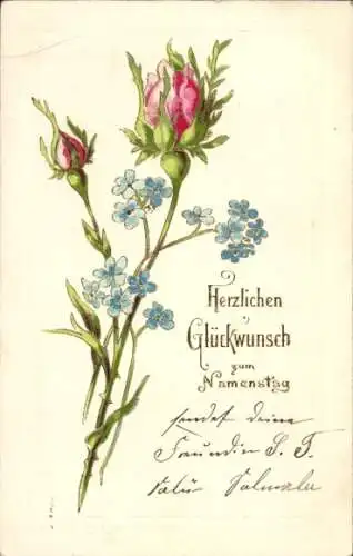 Präge Ak Glückwunsch Namenstag, Vergissmeinnicht, Rosen, Knospen