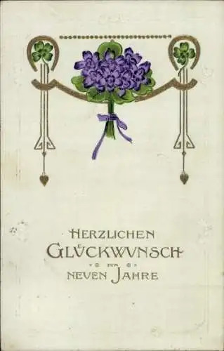 Präge Ak Glückwunsch Neujahr, Glücksklee, Blumen, Hufeisen