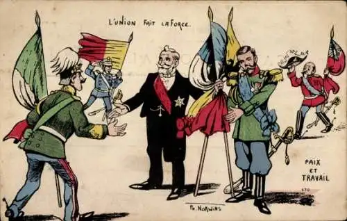 Künstler Ak Norwins, Union mit Frankreich, Émile Loubet, Italien, Russland, Karikatur